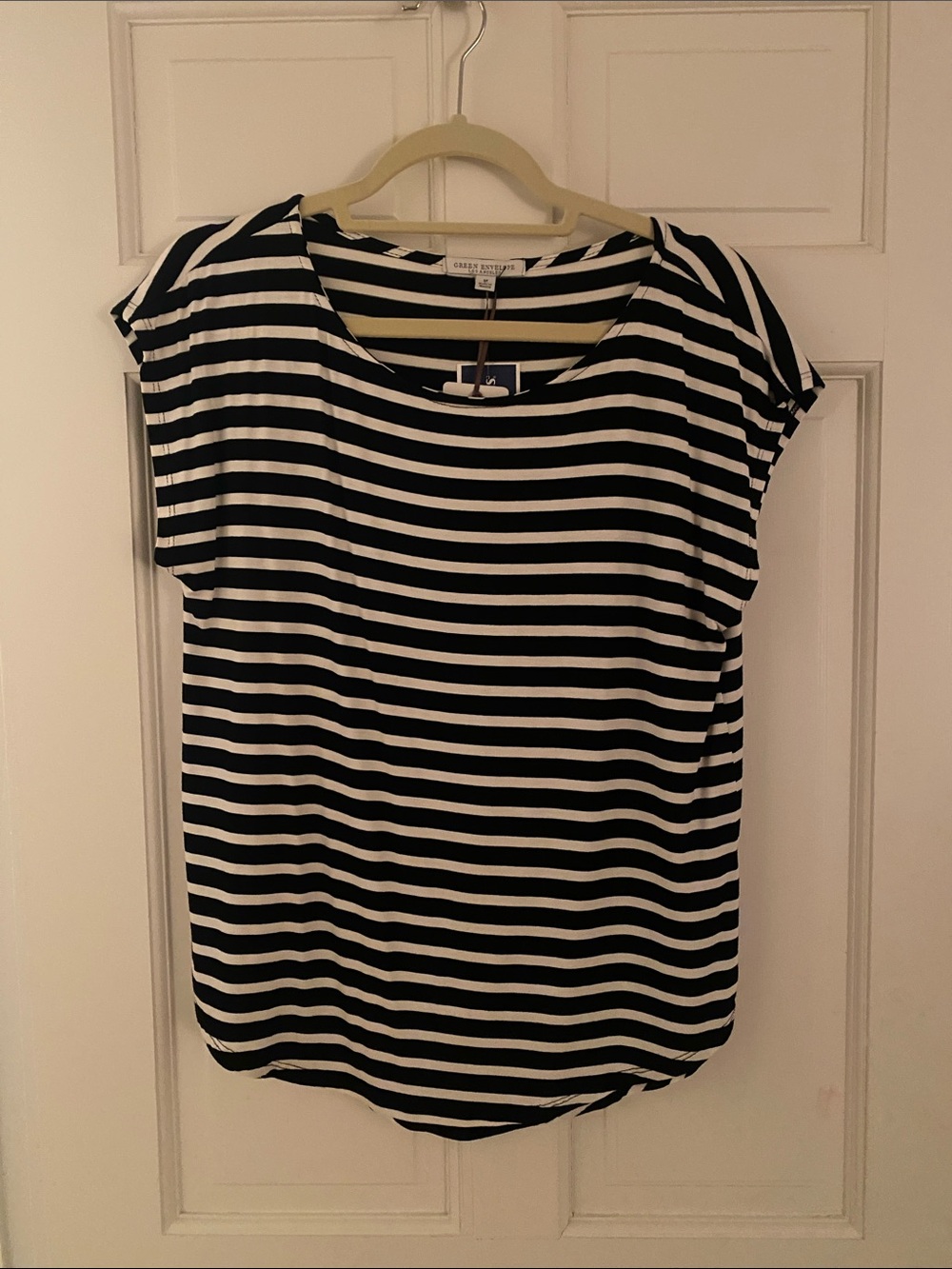Green Envelope Black and White Striped Short Sleeve Scoop Top
